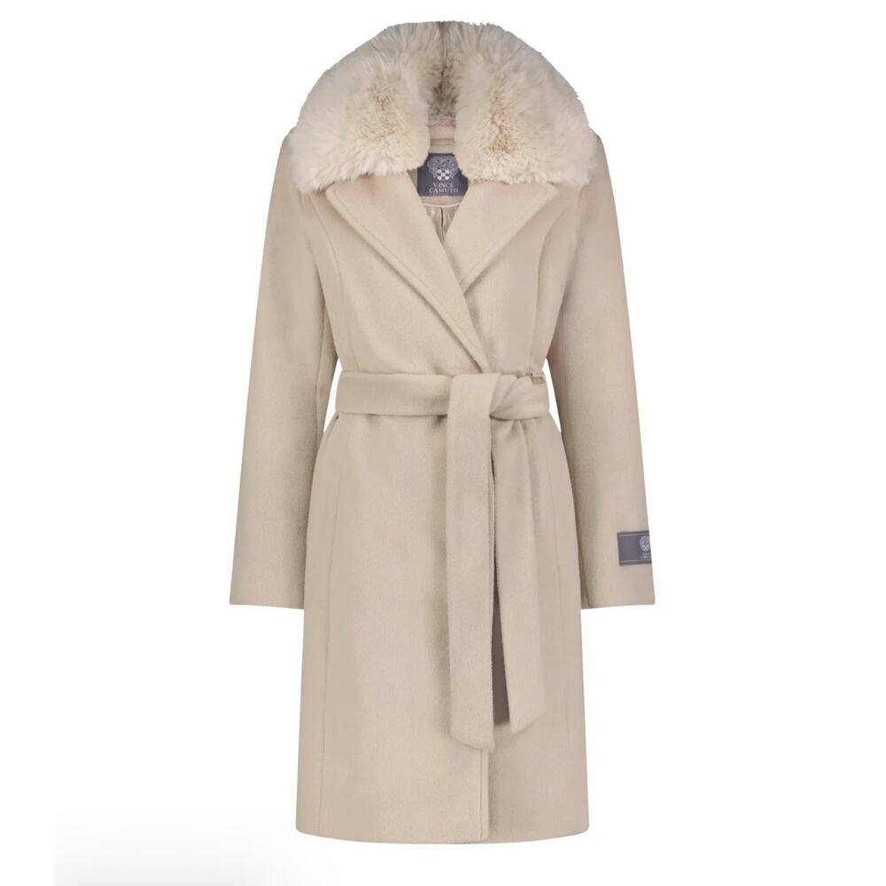 Vince Camuto Double-Breasted Wool Blend Jacket Beige Sz XXL NWT Faux Fur Collar